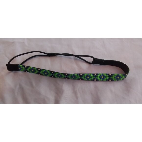 Beaded Adjustable Headband With Blue & Green Pattern - Picture 2 of 5